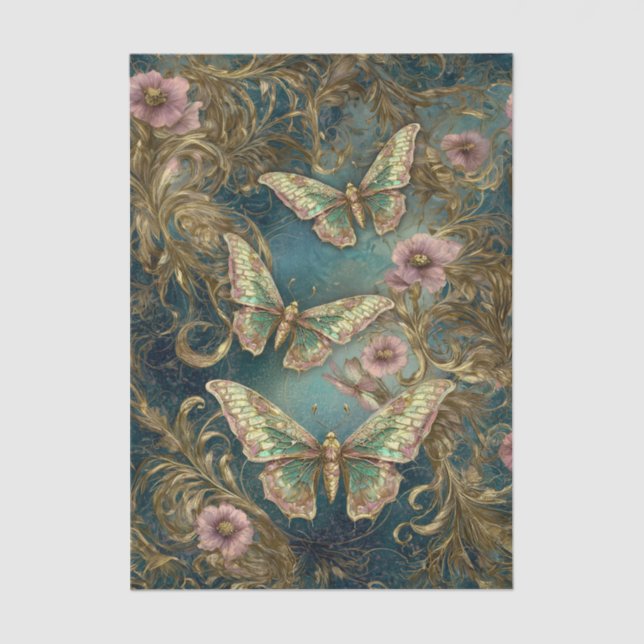 Gilded Butterfly Elegance - Art Nouveau Floral Tis Tissue Paper (Front)