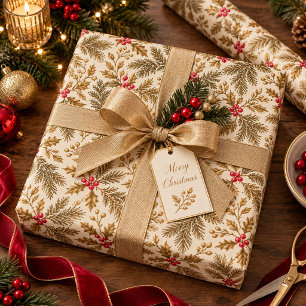 Gilded Christmas Golden Evergreen & Ruby Wrapping Paper