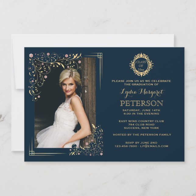 Gilded Corners Floral Photo Graduation Invitation (Front)