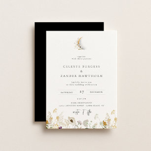 Gilded Crescent Moon Wildflower Wedding Invitation