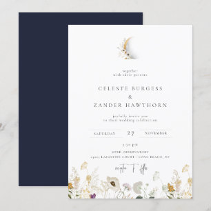 Gilded Crescent Moon Wildflower Wedding Invitation