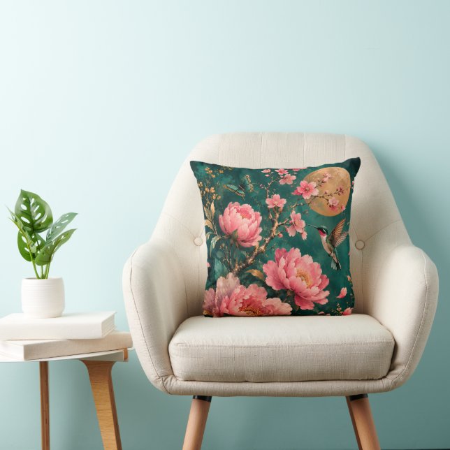 GILDED EMERALD GARDEN HUMMINGBIRD ROSES CUSHION (Chair)