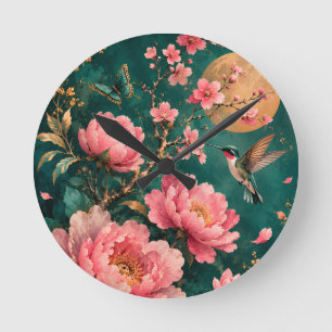 GILDED EMERALD GARDEN HUMMINGBIRD ROSES ROUND CLOCK