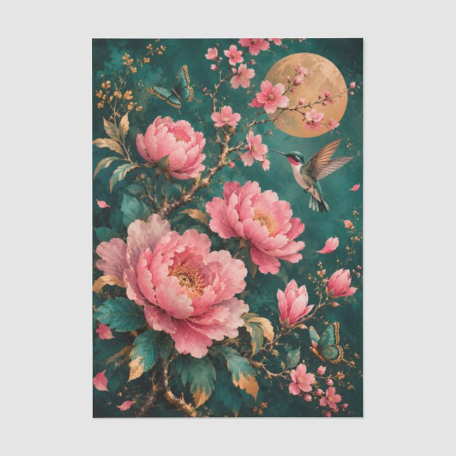 GILDED EMERALD GARDEN HUMMINGBIRD ROSES TISSUE PAPER (Front)