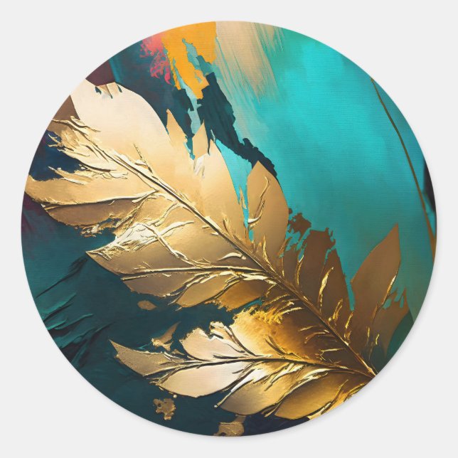 Gilded Feather – Luxe Abstract Elegance Classic Round Sticker (Front)