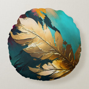 Gilded Feather – Luxe Abstract Elegance Round Cushion