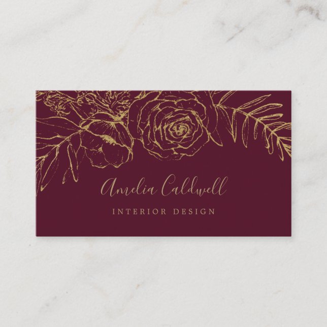 Gilded Floral | Burgundy and Gold Business Card (Front)