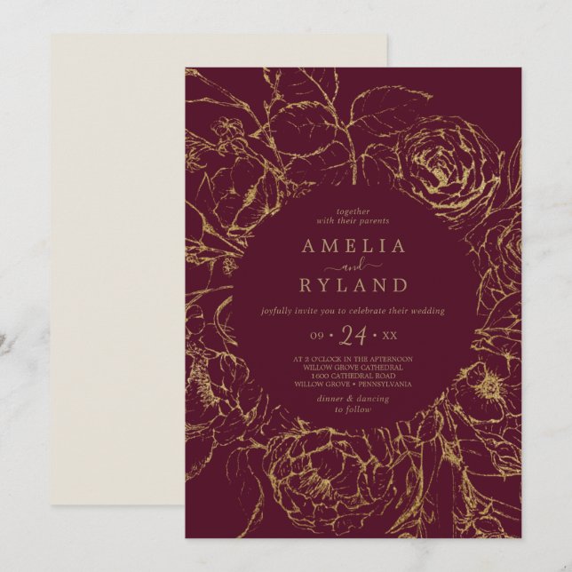 Gilded Floral | Burgundy and Gold Casual Wedding Invitation (Front/Back)