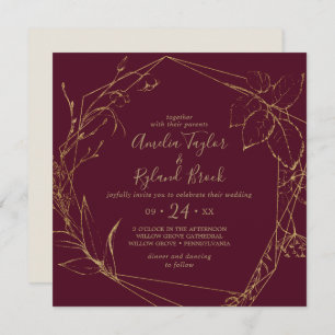 Gilded Floral   Burgundy & Gold Geometric Wedding Invitation