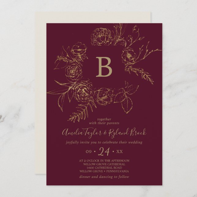 Gilded Floral | Burgundy & Gold Monogram Wedding Invitation (Front/Back)