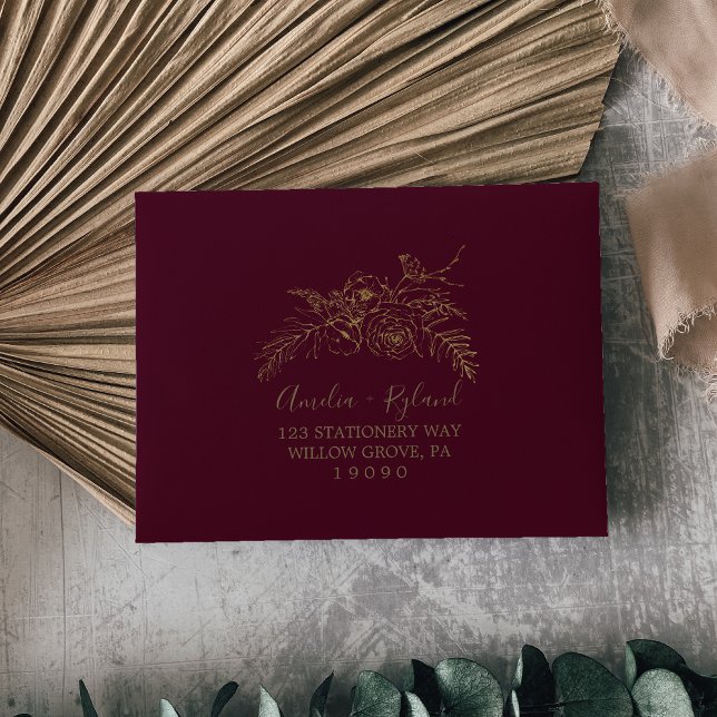 Gilded Floral | Burgundy Gold Self-Addressed RSVP Envelope (Creator Uploaded)