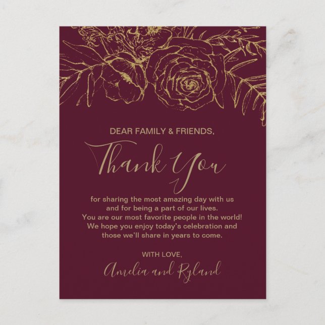 Gilded Floral Burgundy & Gold Thank You Table Card (Front)