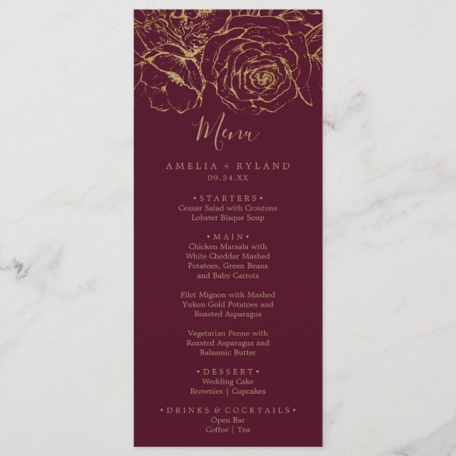 Gilded Floral Burgundy & Gold Wedding Dinner Menu (Front)