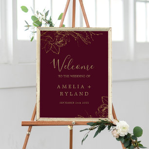 Gilded Floral Burgundy Gold Wedding Welcome Poster