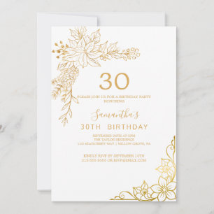 Gilded Floral   Cream and Gold 30th Birthday  Invitation
