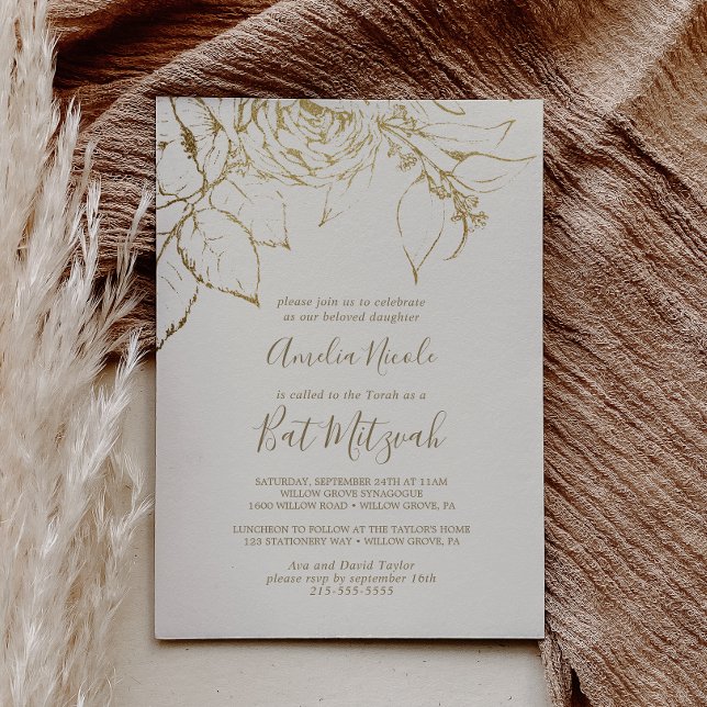 Gilded Floral | Cream and Gold Bat Mitzvah Invitation (Creator Uploaded)