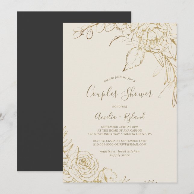 Gilded Floral | Cream and Gold Couples Shower Invitation (Front/Back)