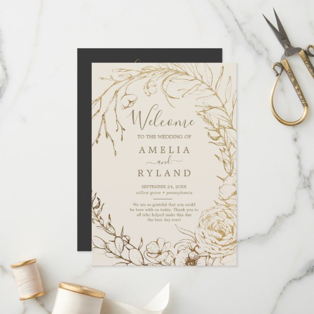 Gilded Floral | Cream and Gold Flat Wedding Programme (Front/Back In Situ)