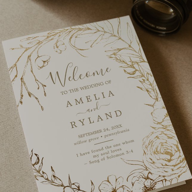 Gilded Floral | Cream and Gold Folded Wedding Programme (Creator Uploaded)