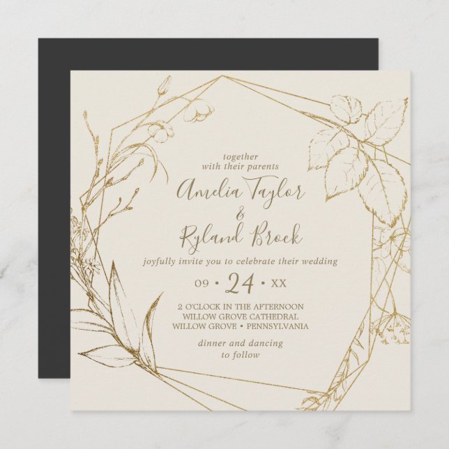 Gilded Floral | Cream and Gold Geometric Wedding Invitation (Front/Back)