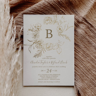 Gilded Floral   Cream and Gold Monogram Wedding Invitation