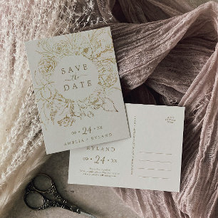 Gilded Floral Cream & Gold Save the Date Postcard