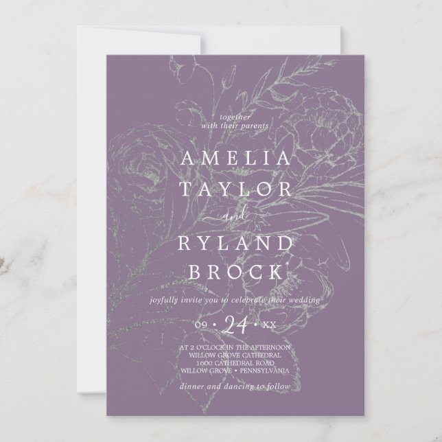 Gilded Floral Dusty Purple and Silve Faded Wedding Invitation (Front)