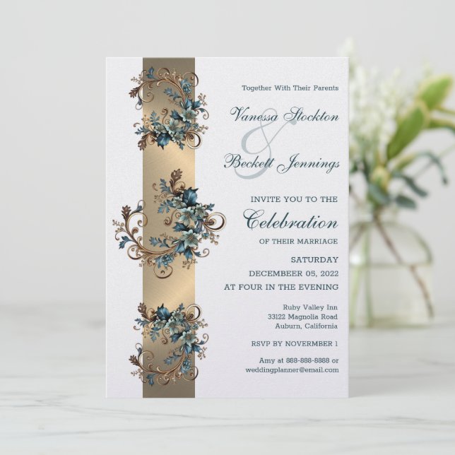 Gilded Floral Elegance Wedding Invitation (Standing Front)