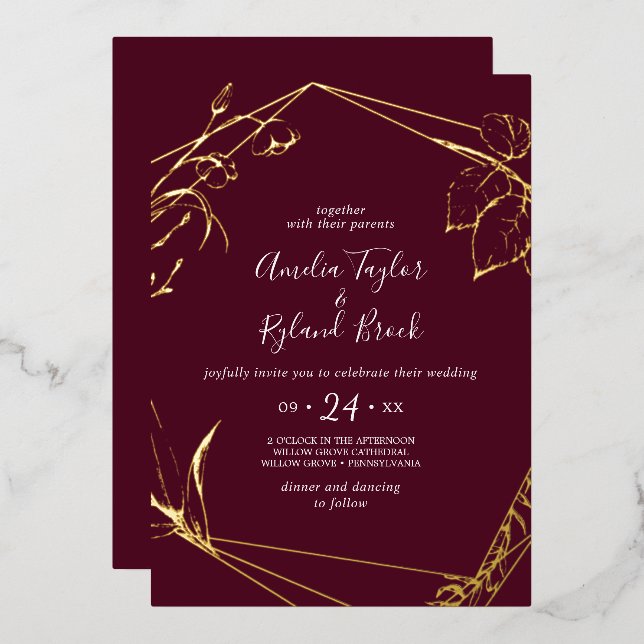 Gilded Floral Gold Foil Burgundy All-In-1 Wedding (Front/Back)