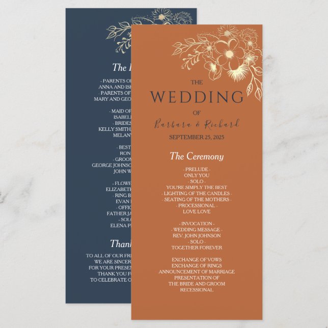 Gilded Floral Gold Wedding Program Programme (Front/Back)