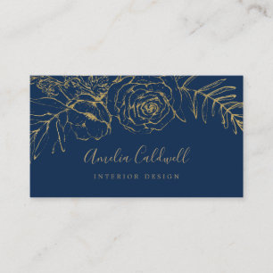 Gilded Floral Navy Blue and Gold Business Card