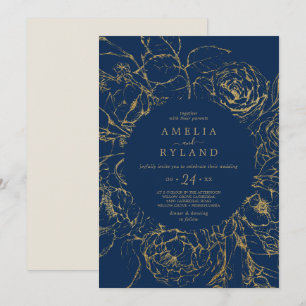 Gilded Floral   Navy Blue and Gold Casual Wedding Invitation