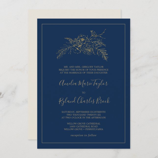 Gilded Floral | Navy Blue and Gold Formal Wedding Invitation (Front/Back)