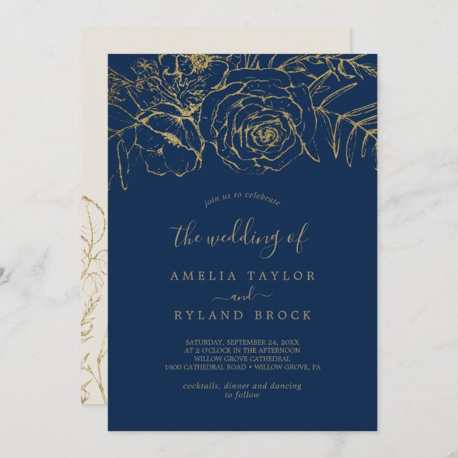 Gilded Floral | Navy Blue and Gold The Wedding Of Invitation (Front/Back)