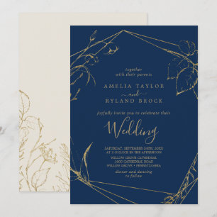 Gilded Floral Navy Blue and Gold Wedding Invitation