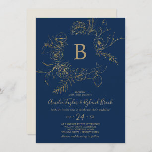 Gilded Floral   Navy Blue & Gold Monogram Wedding Invitation