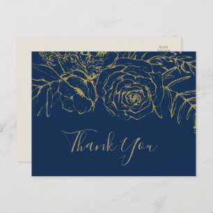 Gilded Floral Navy Blue & Gold Thank You Postcard