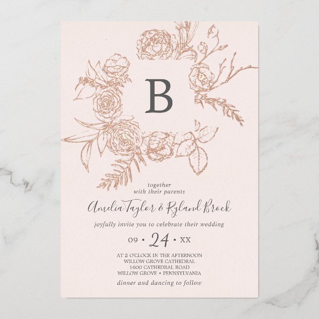 Gilded Floral Rose Gold Foil Pink Monogram Wedding (Front)