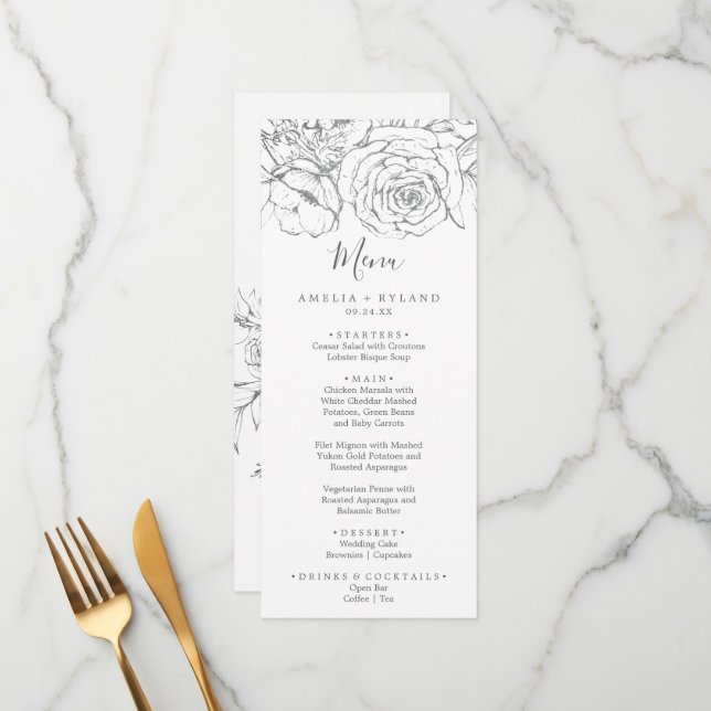 Gilded Floral | Silver and White Wedding Dinner Menu (Front/Back In Situ)
