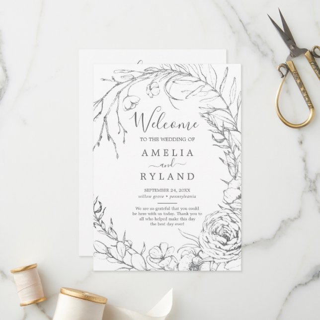 Gilded Floral Wreath | Silver & White Wedding Programme (Front/Back In Situ)