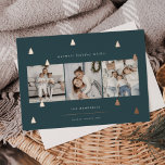 Gilded Forest | Elegant Christmas Photo Collage<br><div class="desc">A modern and elegant Christmas holiday card design featuring three square photos aligned side by side on a forest green background dotted with rose gold foil pine trees. Personalise with your custom holiday greeting,  family name and the year.</div>