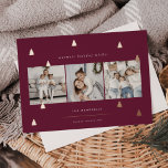Gilded Forest | Elegant Christmas Photo Collage<br><div class="desc">A modern and elegant Christmas holiday card design featuring three square photos aligned side by side on a burgundy plum background dotted with rose gold foil pine trees. Personalise with your custom holiday greeting,  family name and the year.</div>