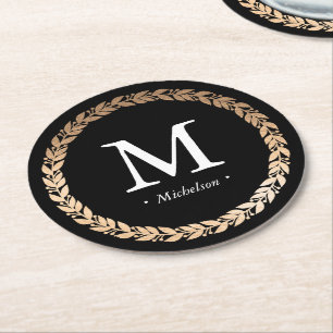 Gilded Garland Monogrammed Cocktail Round Paper Coaster