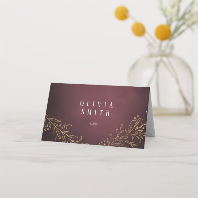 Gilded gold burgundy botanical elegant wedding place card (Front)
