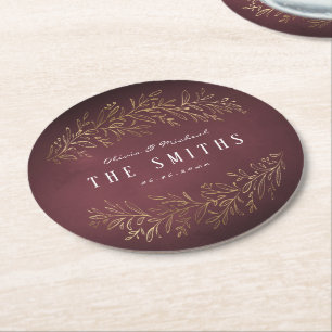 Gilded gold burgundy botanical elegant wedding round paper coaster