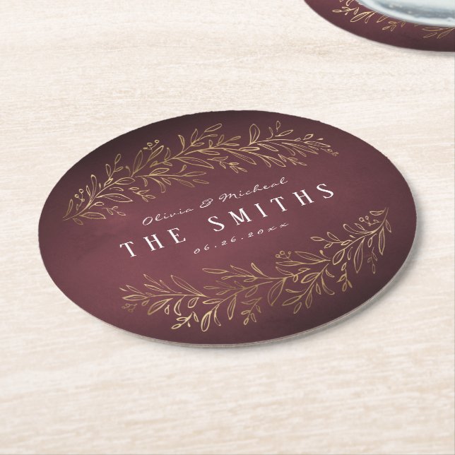 Gilded gold burgundy botanical elegant wedding round paper coaster (Angled)