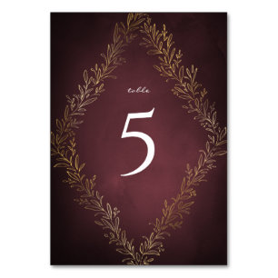 Gilded gold burgundy botanical elegant wedding table number