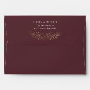 Gilded gold burgundy botanical return address envelope