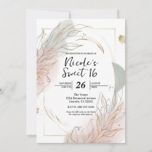 Gilded Gold Sage & Blush Botanical Sweet 16 Invitation