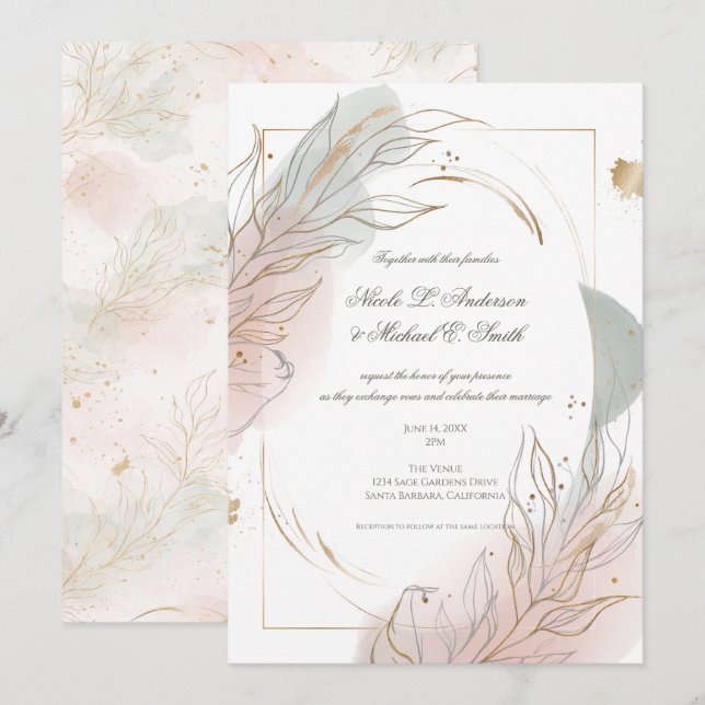 Gilded Gold Sage & Blush Botanical Wedding  Invitation (Front/Back)